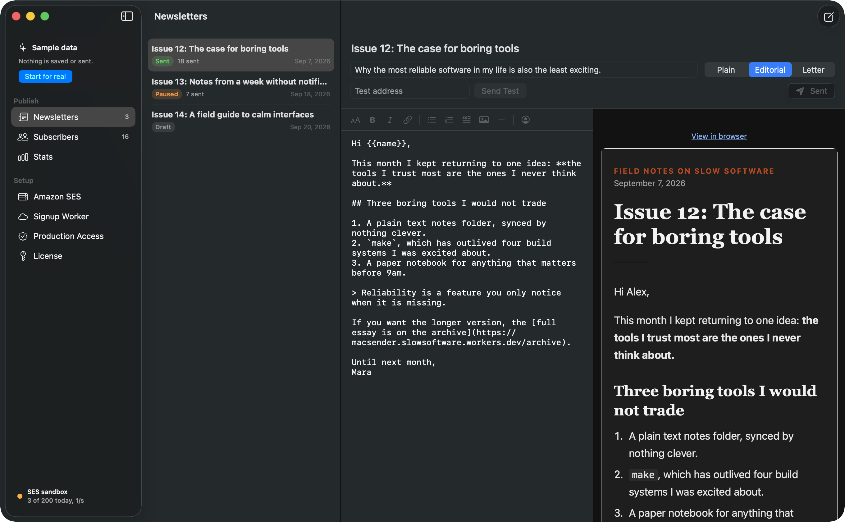 Pressbird’s Newsletters screen in dark mode: a list of three issues, a Markdown editor with a formatting bar, and a live preview of the finished email in the Editorial template.