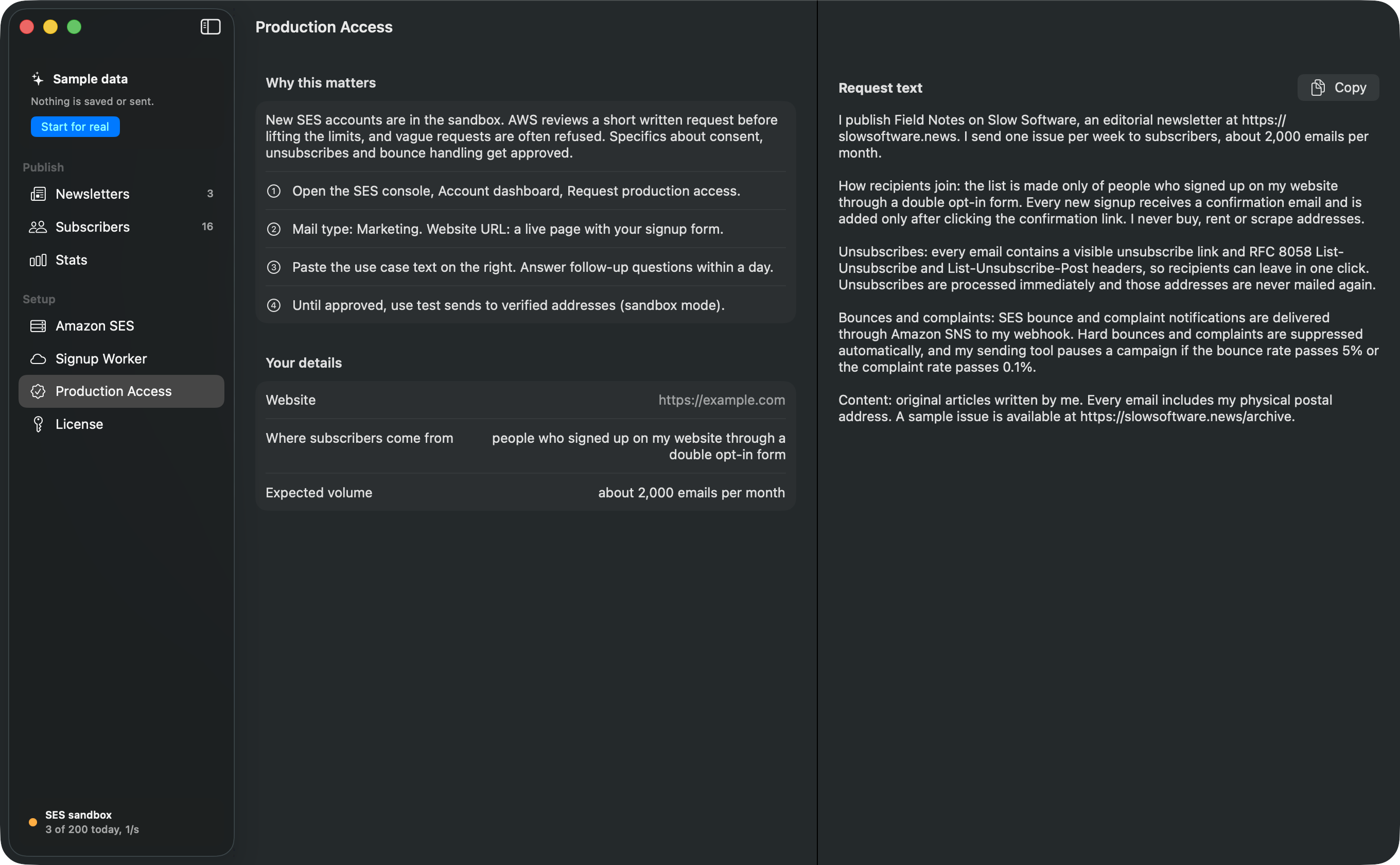 The Production Access screen: four steps for asking AWS to lift the sandbox, and the request text Pressbird wrote from the sender’s details, with a Copy button.