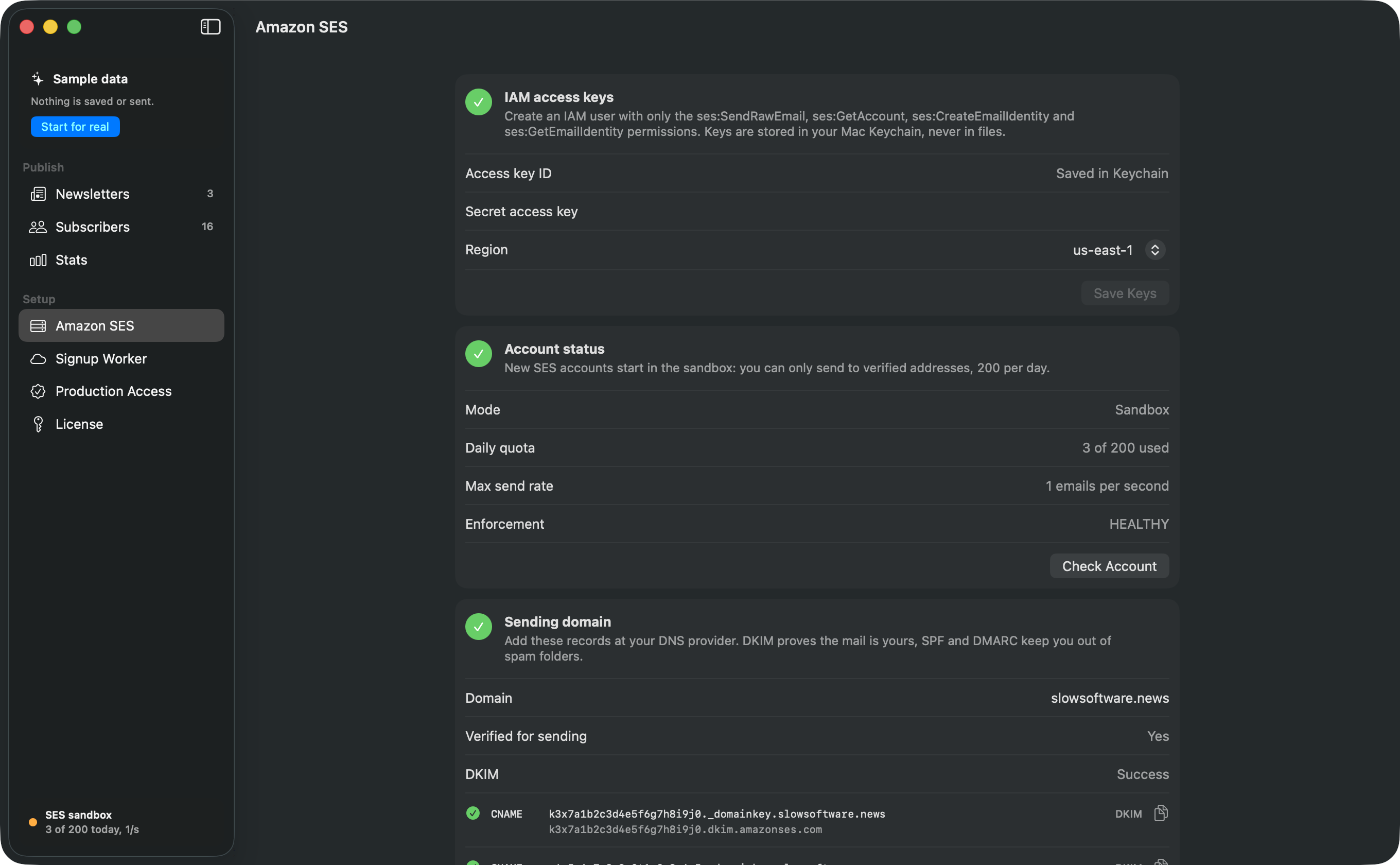 The Amazon SES screen: access keys saved in the Keychain, the account in sandbox mode with 3 of 200 daily emails used, and a verified sending domain with its DKIM records.